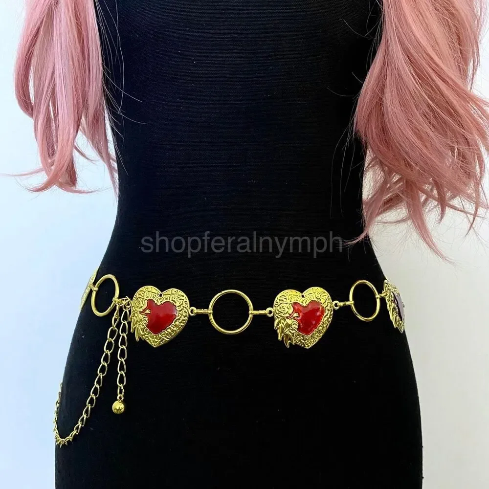 Gold Y2K Red Heart Open Ring Waist Chain Belt, Fits 25.5-45 Inches, X7GA1295